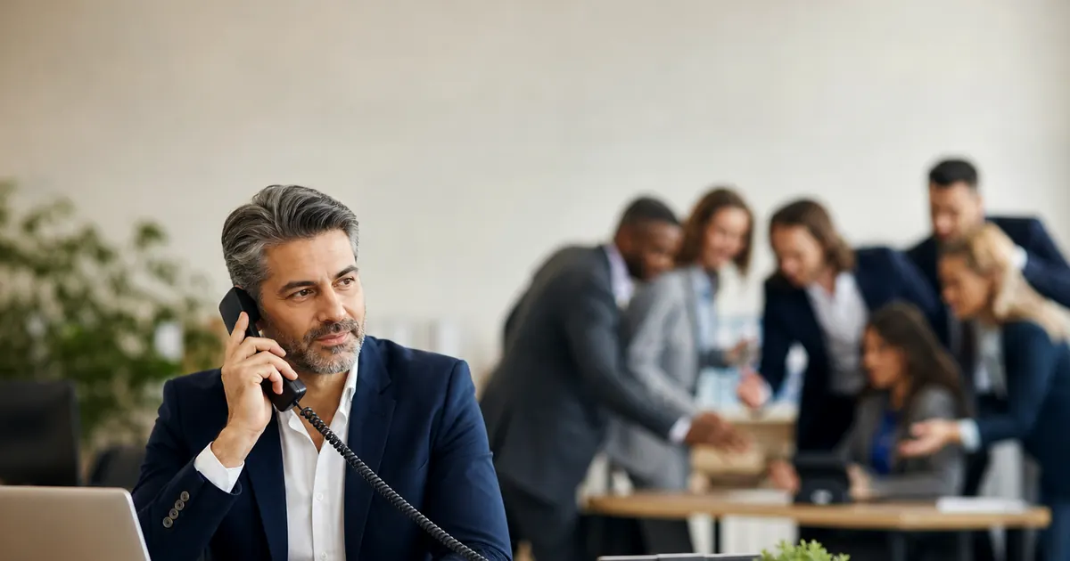 Insurance agent comparing lead vendor terms on a laptop beside a desk phone