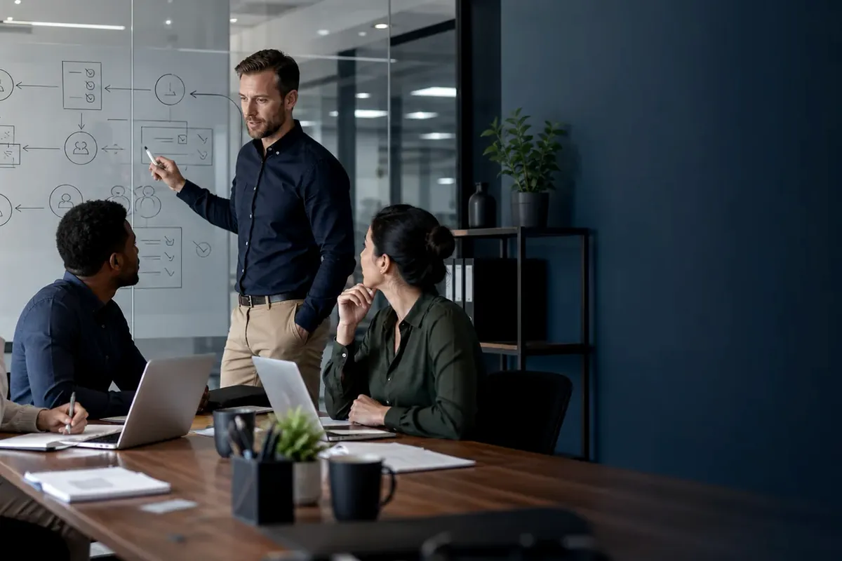 Agency team at a whiteboard planning how to handle home and auto live transfer leads